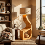 Artistic Natural Wood Standing Lamp With Shelf For Home Library