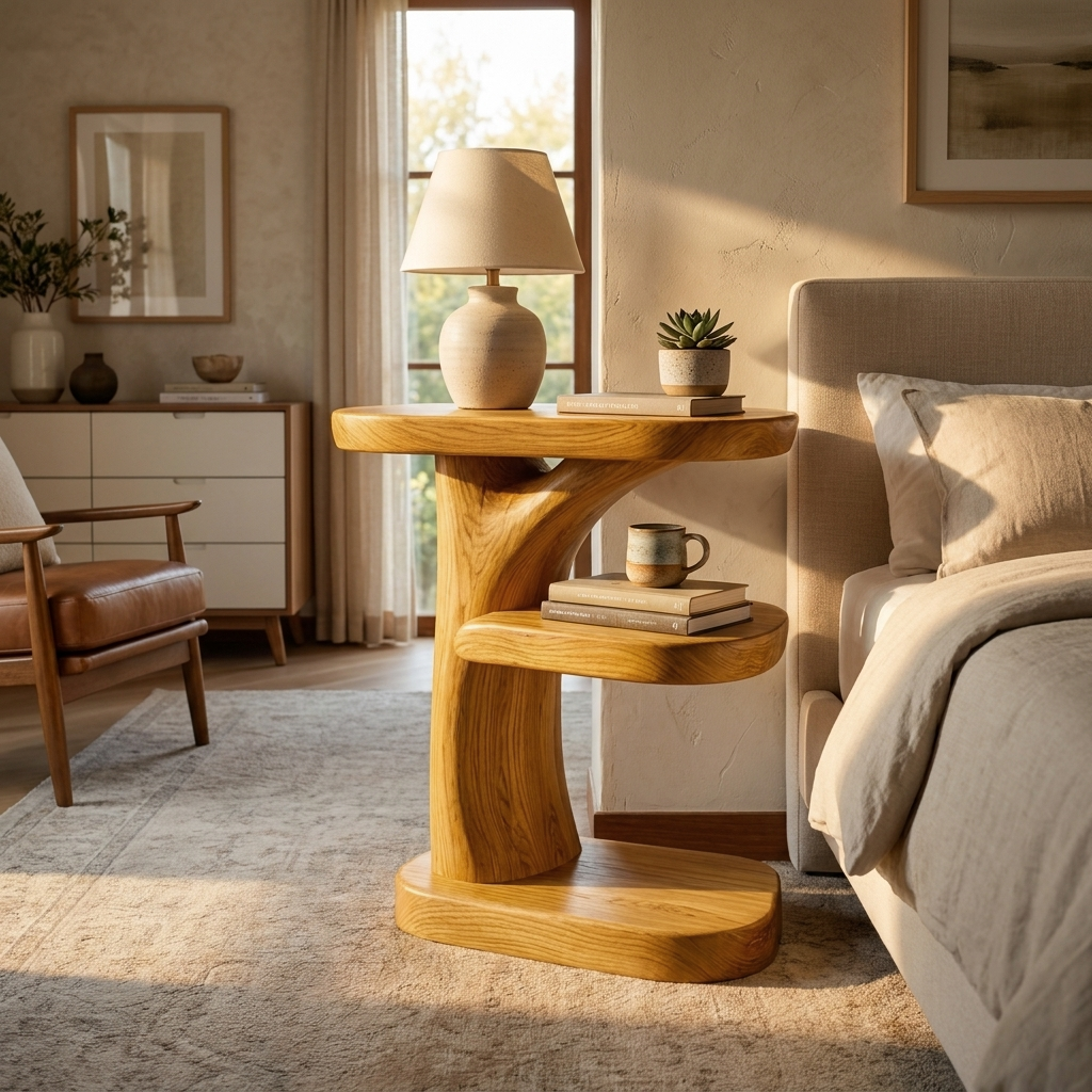 Organic Wooden Nightstand With Storage Shelf For Bedroom