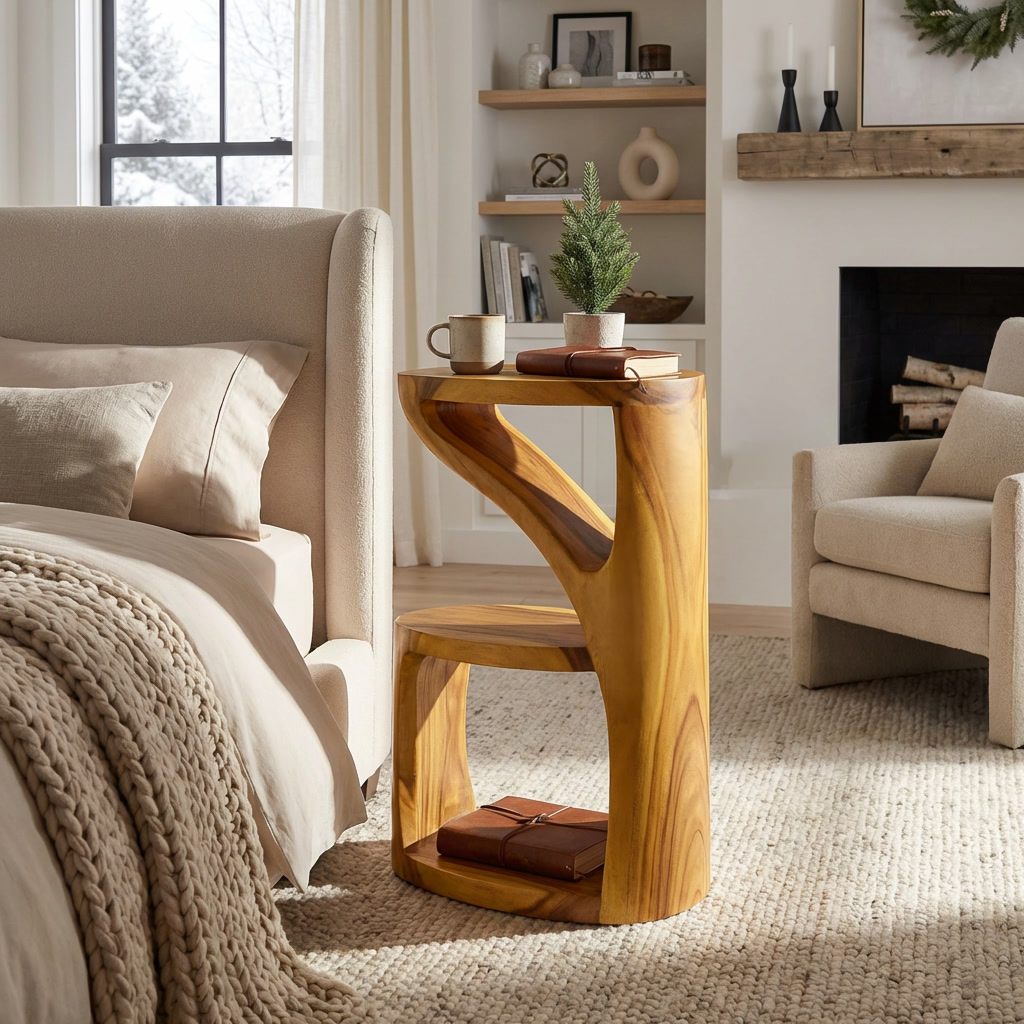 Elegant Wooden Nightstand With Sculptural Two Level For Bedroom