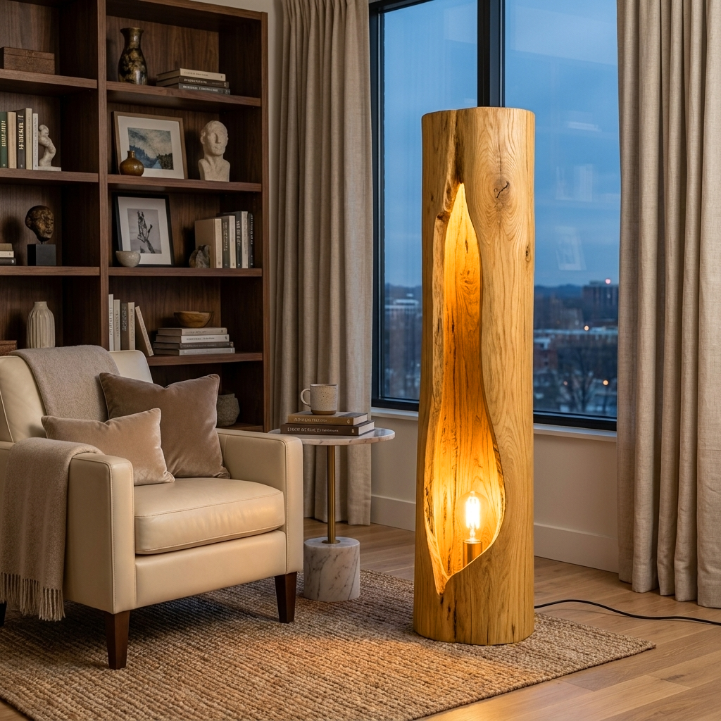 Rustic Wooden Floor Lamp Sculptural Design For Cozy Bedroom