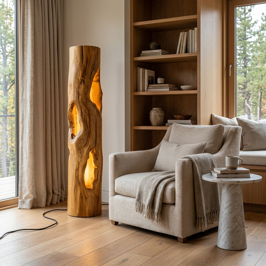 Handcrafted Wooden Floor Lamp With Multi Hollow For Home Decor