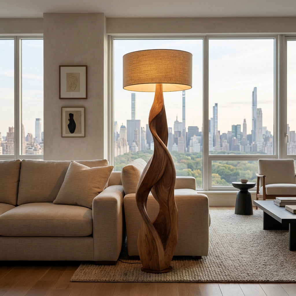 Sculptural Wooden Floor Lamp With Fabric Shade For Bedroom