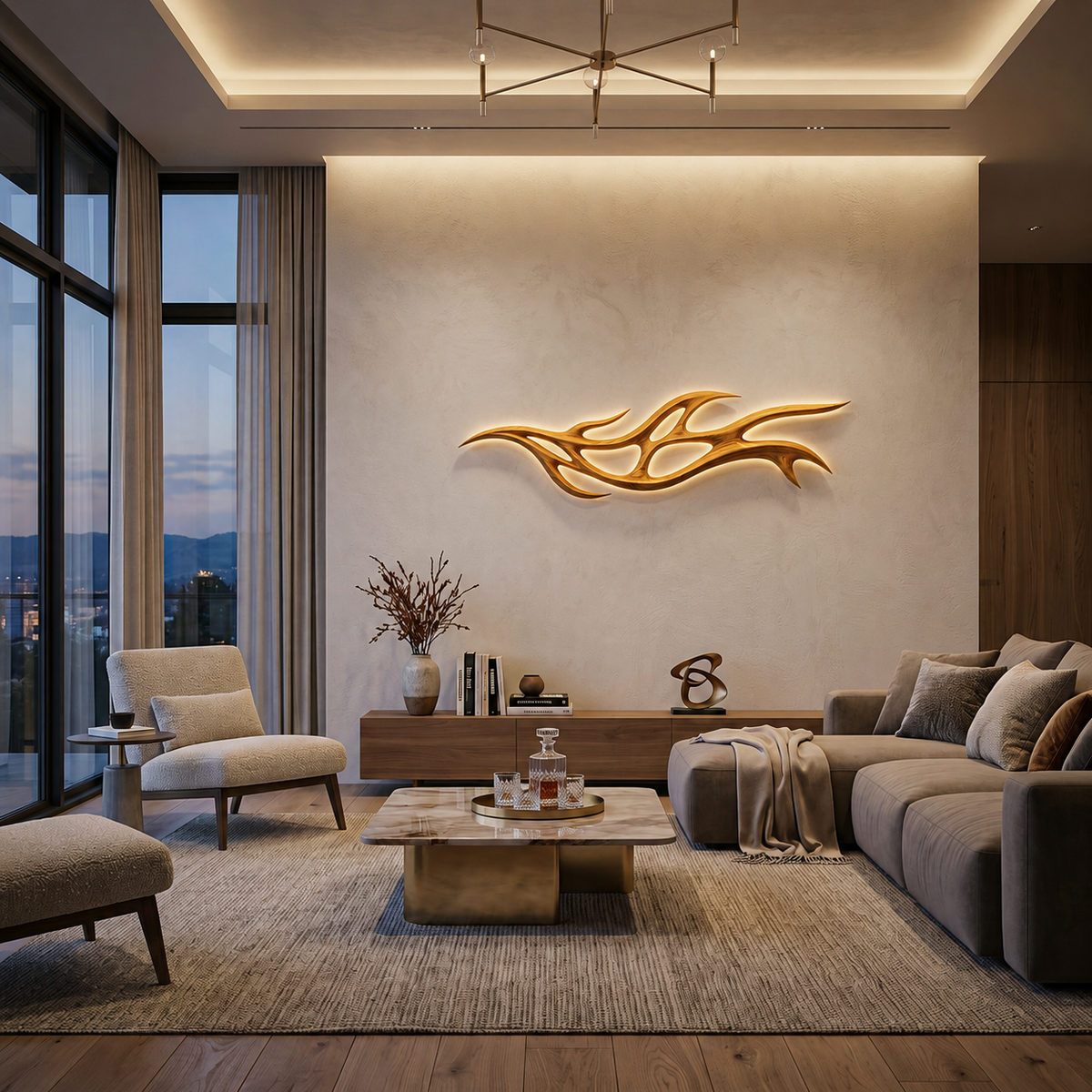 Organic Carved Wood LED Wall Sculpture Branch Design For Above Bed Decor