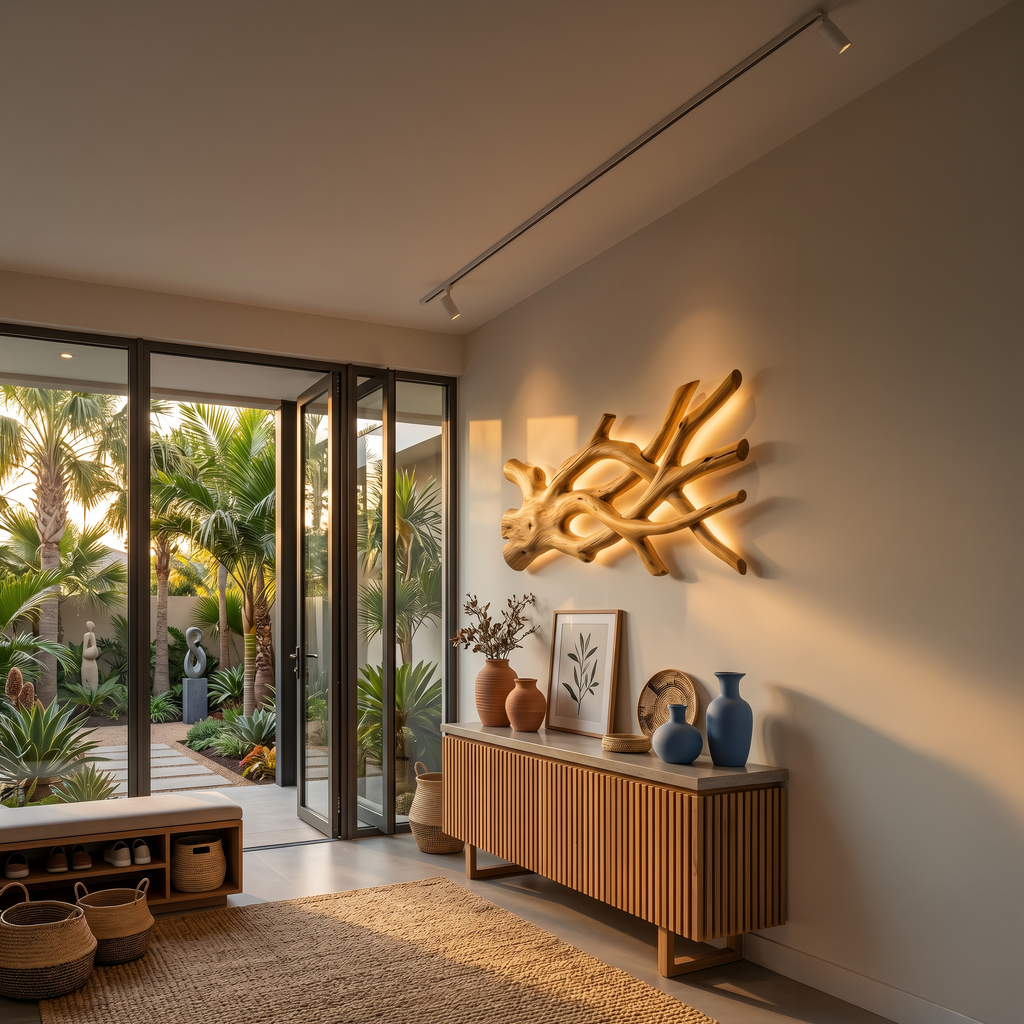 Rustic Sculptural Wood LED Wall Sculpture For Bedroom Interior