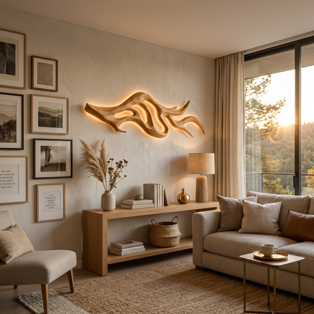 Artistic Wood LED Wall Sculpture With Sculptural Form For Bedroom