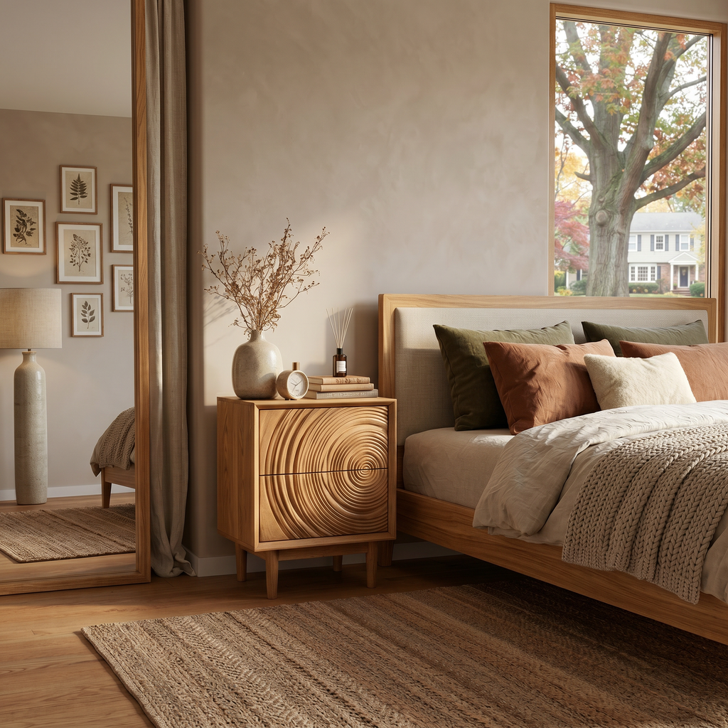 Minimalist Wooden Nightstand With Sculptural Door For Modern Bedroom