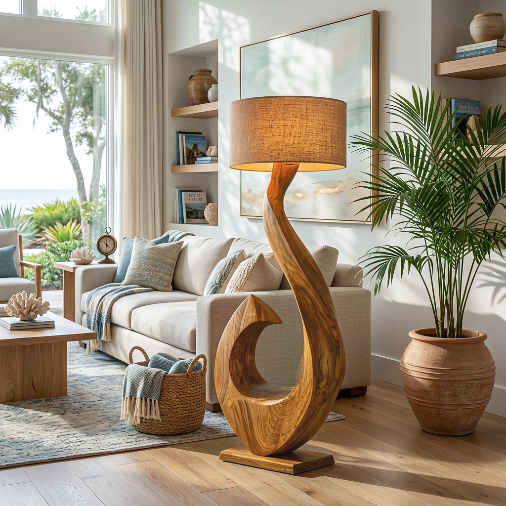 Contemporary Wooden Floor Lamp Curved Shape For Lounge Area