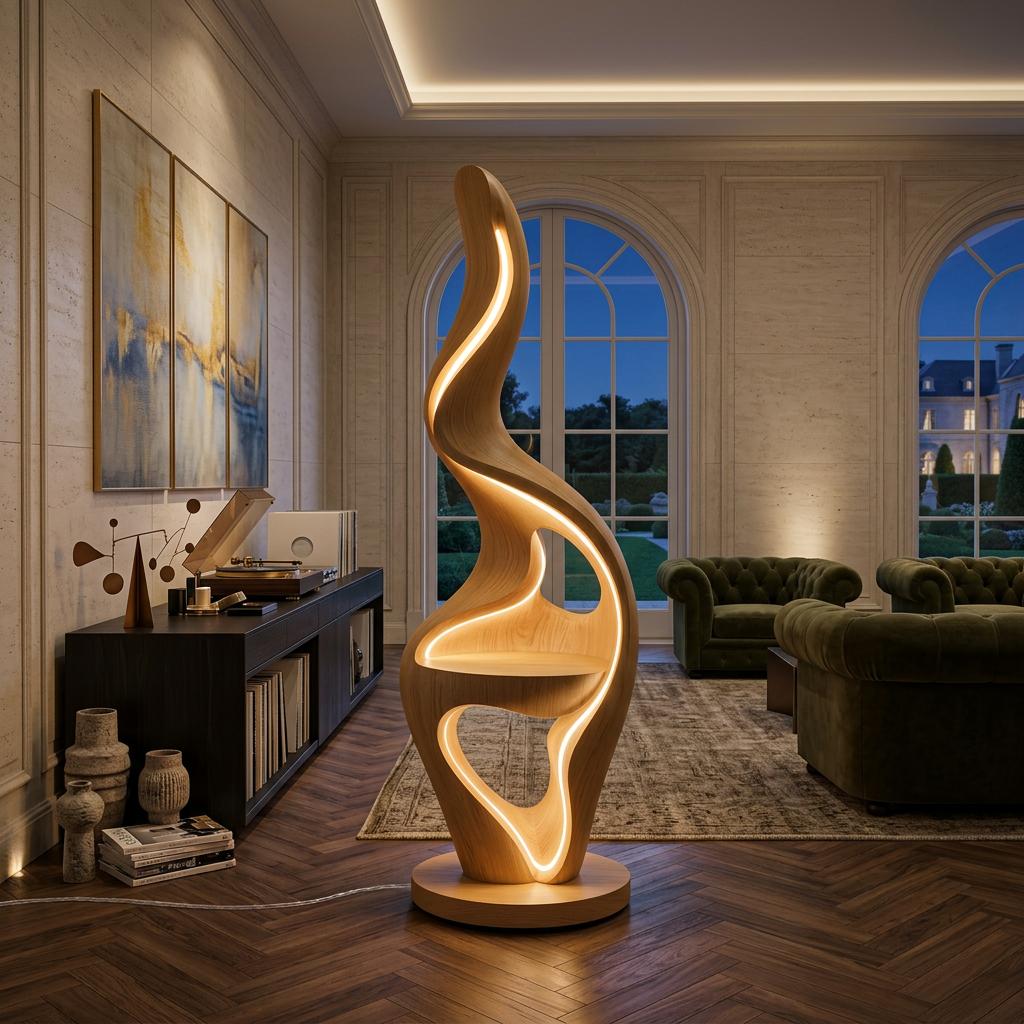 Minimalist Curved Lamp With Table For Bedroom