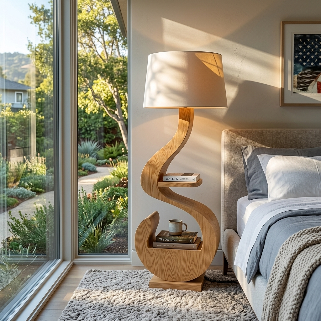 Sculptural Natural Wood Floor Lamp With Shelf For Living Room
