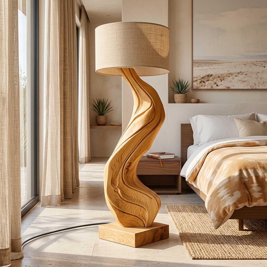 Modern Natural Wood Floor Lamp Flowing Form For Sitting Area