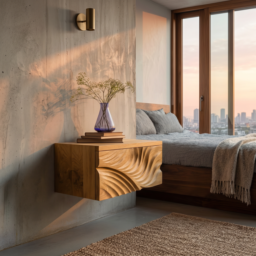 Elegant Wooden Floating Nightstand With Carved Front For Bedroom