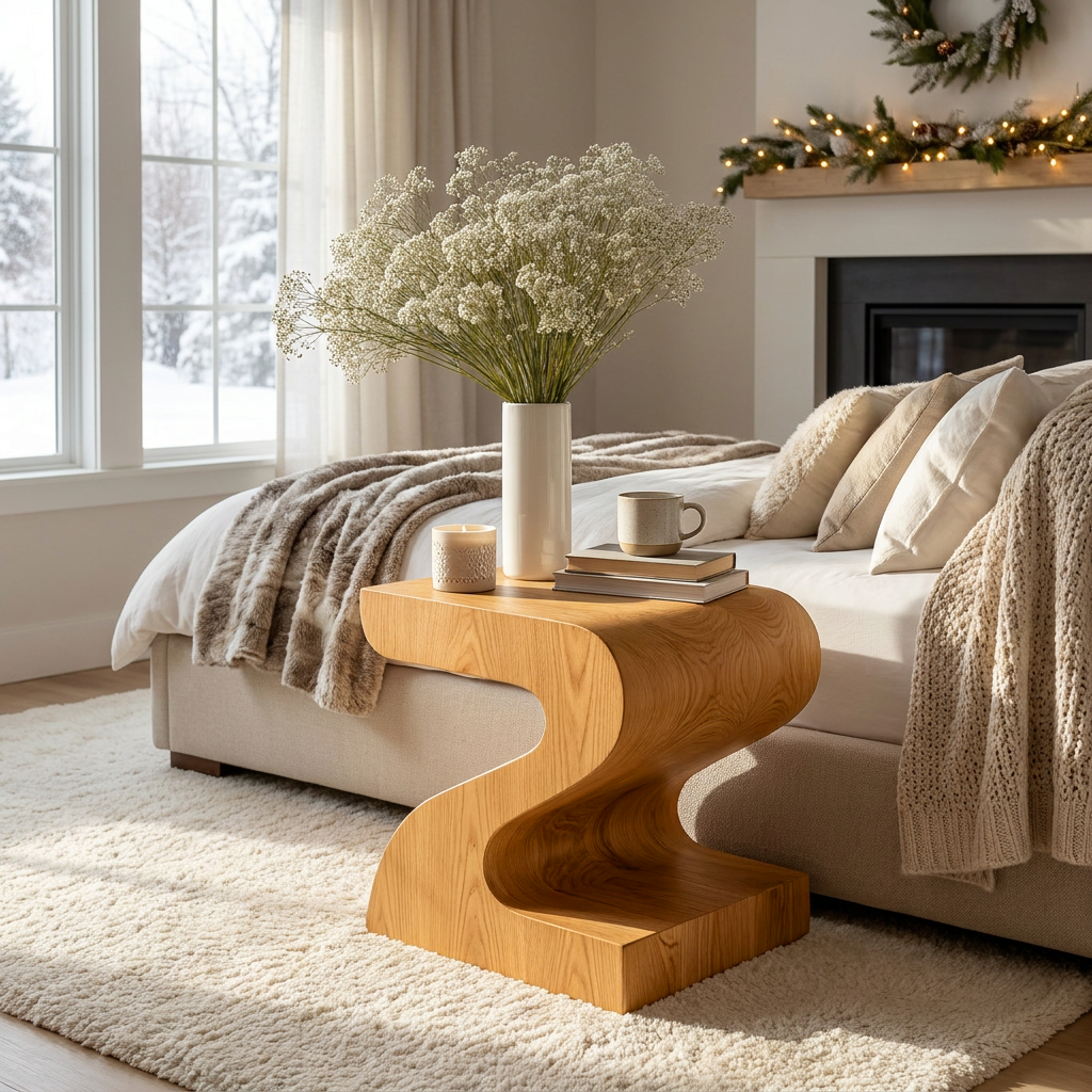 Organic Wooden Nightstand With S-shape For Bedroom Decor