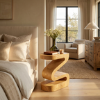 Elegant Natural Wood Nightstand With Curved Form For Bedroom