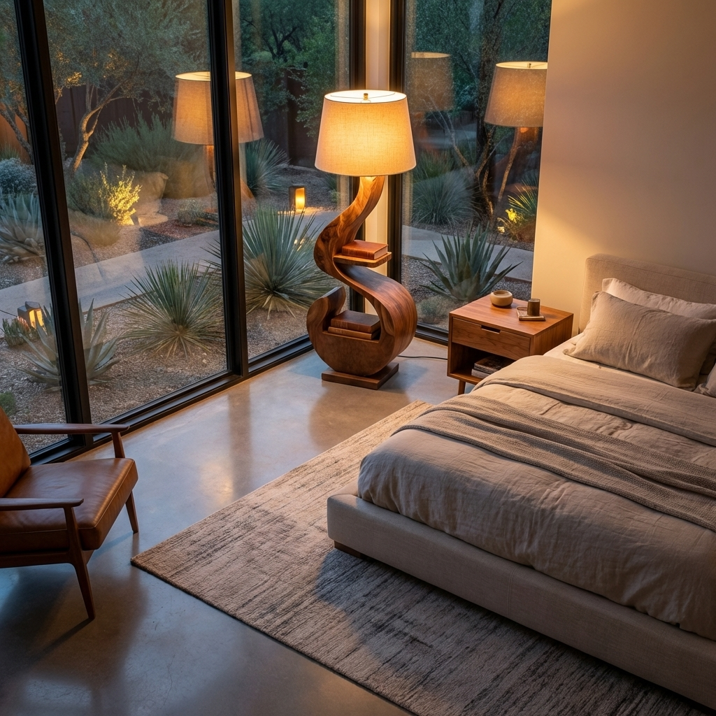 Sculptural Natural Wood Floor Lamp With Shelf For Living Room