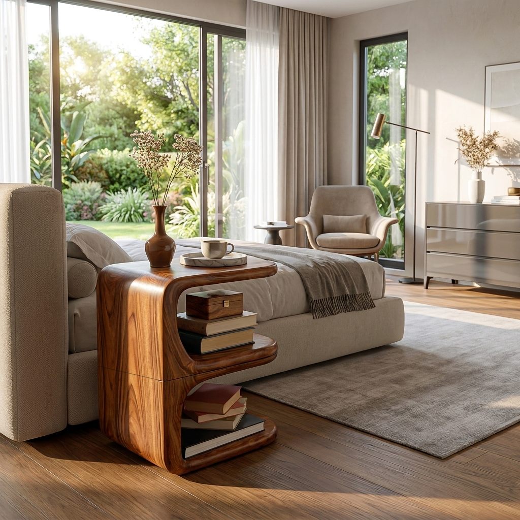 Organic Wooden Nightstand With Unique E-shape For Bedroom