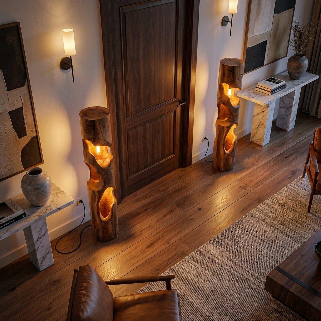 Rustic Wooden Floor Lamp With Sculptural Hollow For Cozy Bedroom
