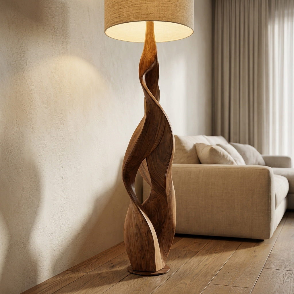 Sculptural Wooden Floor Lamp With Fabric Shade For Bedroom