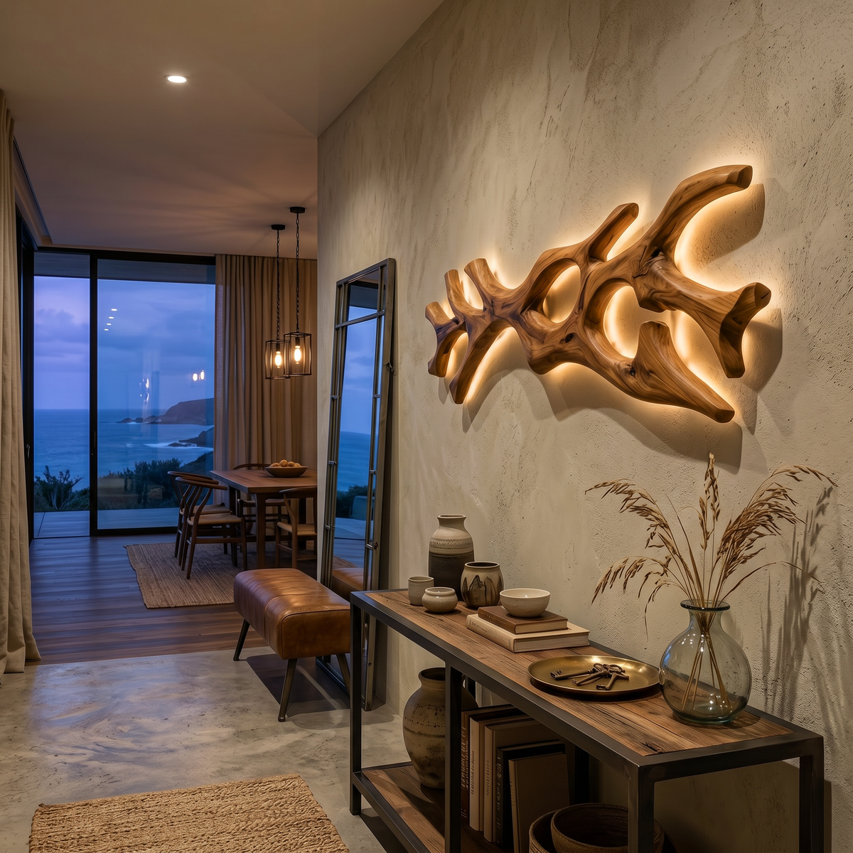 Wooden LED Wall Sculpture Flowing Organic Root Design For Above Bed Decor
