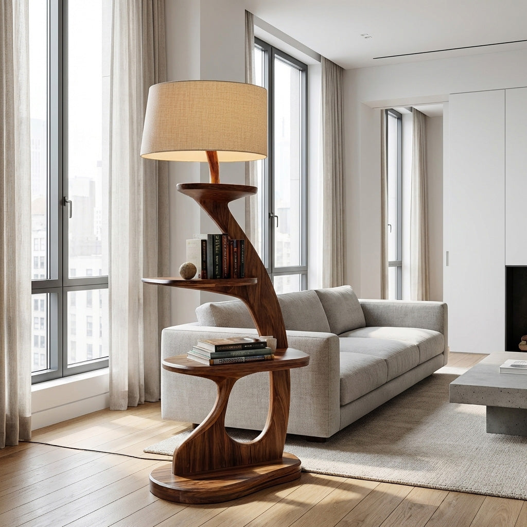 Modern Wooden Floor Lamp With 2-Tier Shelving Unit For Home
