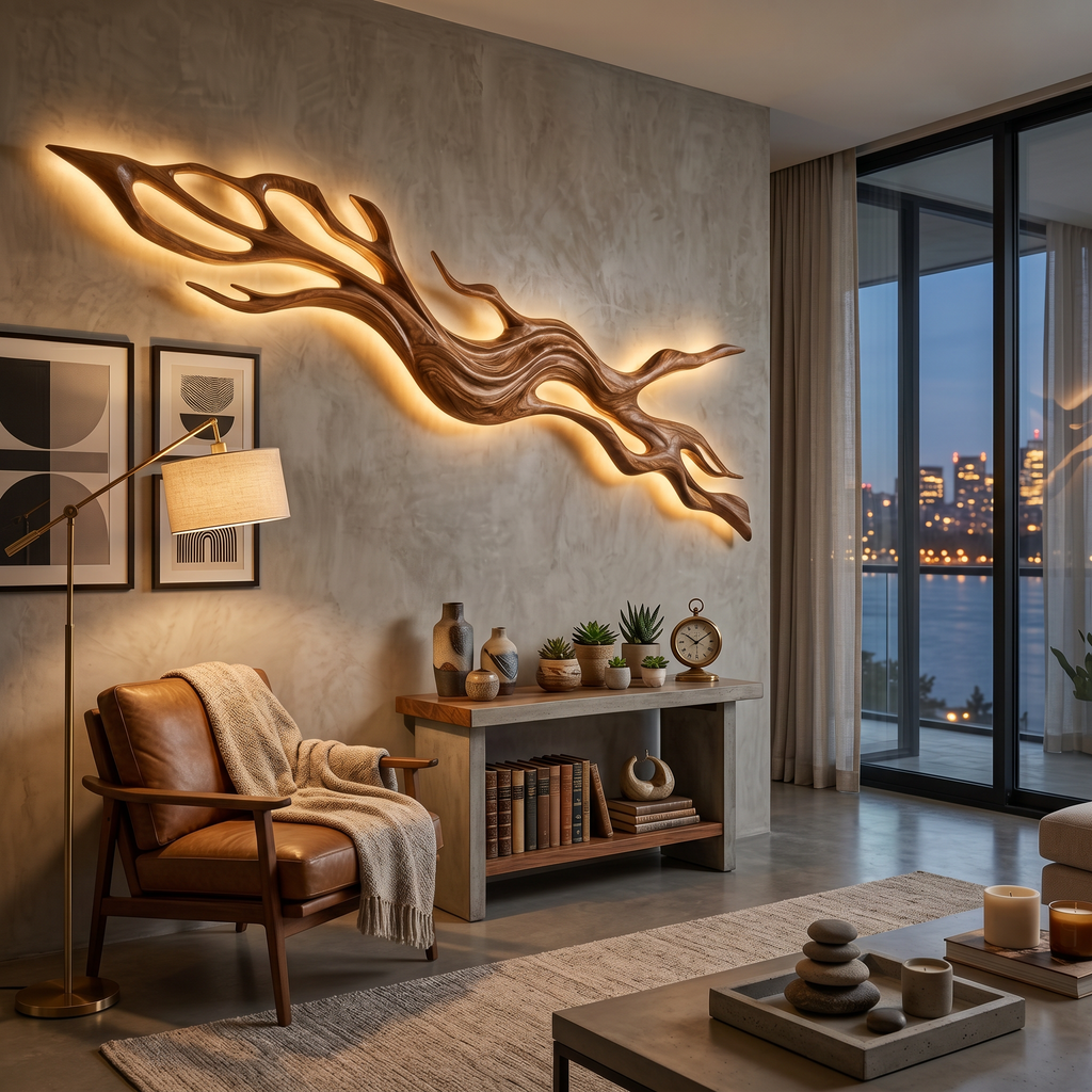 Rustic Wood LED Wall Sculpture With Undulating Shape For Bedroom Decor