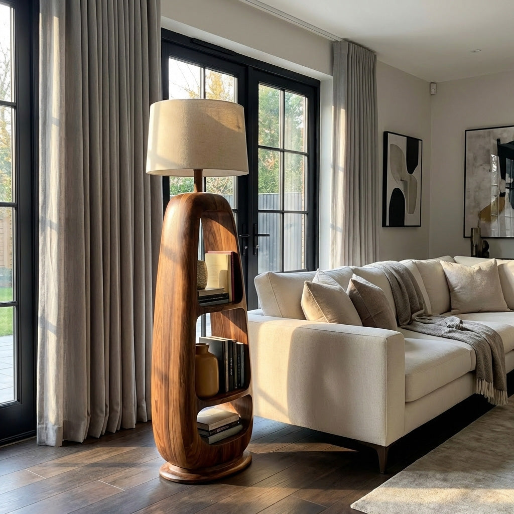 Minimalist Wooden Floor Lamp With Multiple Shelves For Living Decor