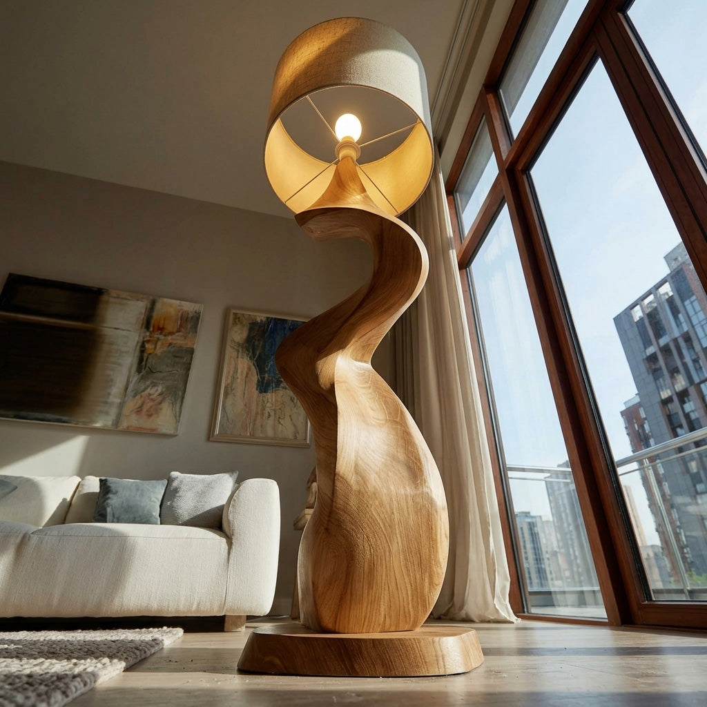 Modern Natural Wood Sculptural Floor Lamp For Living Room Decor