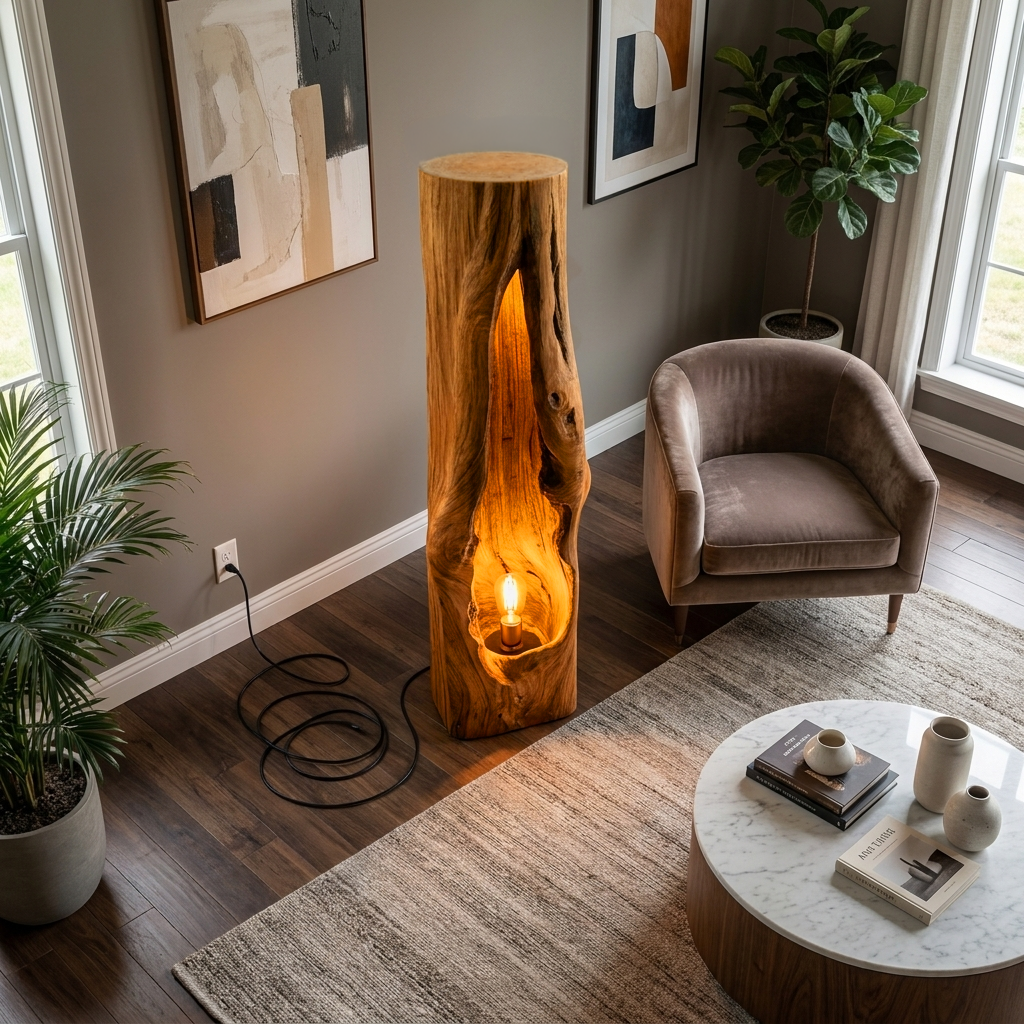 Rustic Wooden Floor Lamp Sculptural Design For Cozy Bedroom