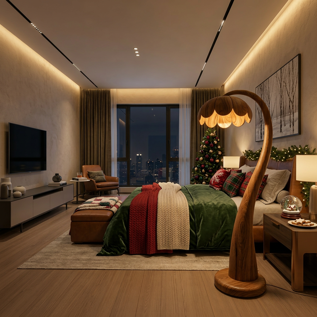 Wooden Floor Lamp With Flower-shaped Lampshade For Bedroom
