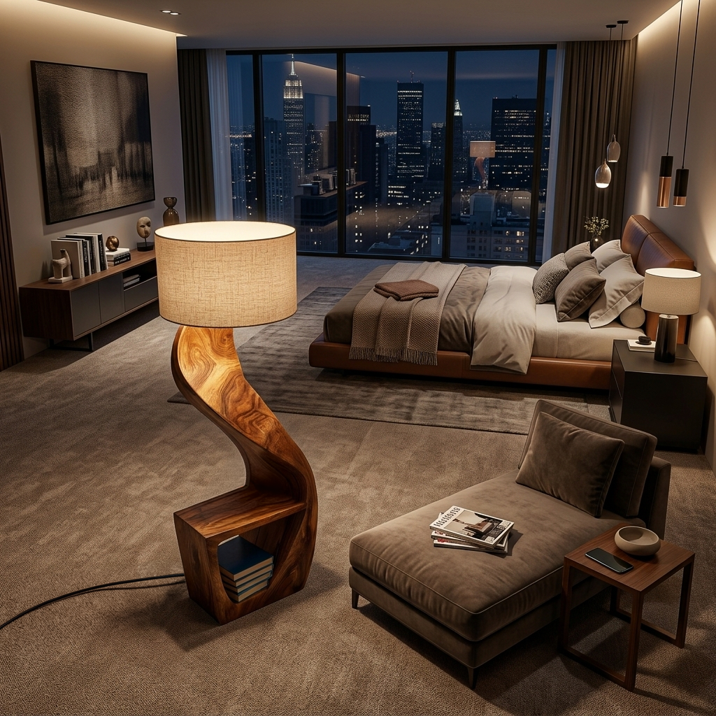 Organic Wood Floor Lamp With Storage Shelf For Bedroom