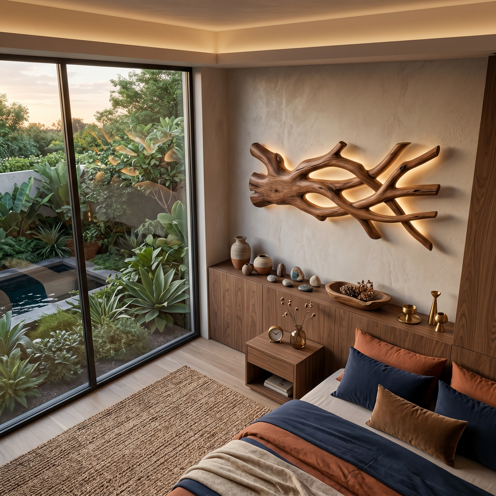 Rustic Sculptural Wood LED Wall Sculpture For Bedroom Interior