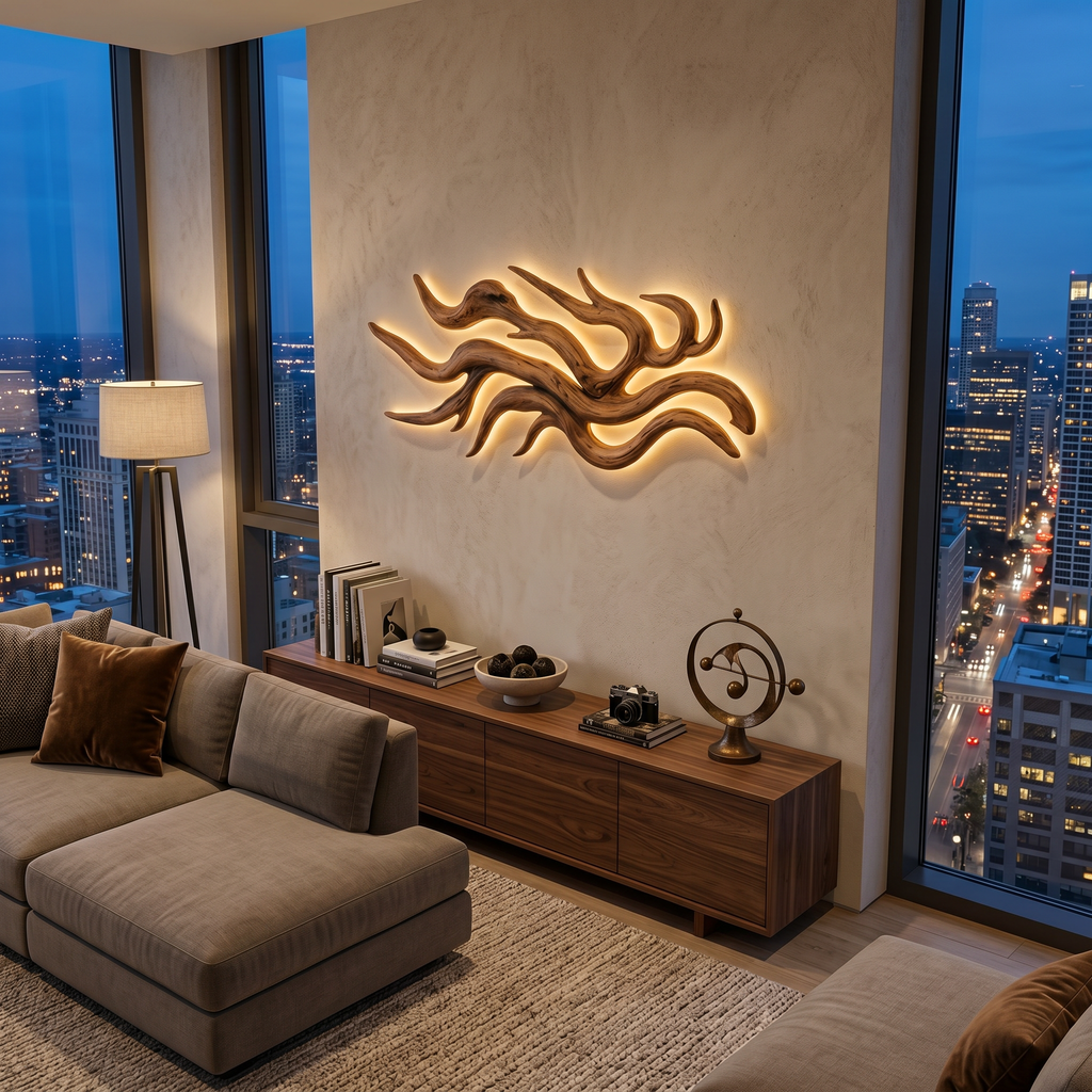 Artistic Wood LED Wall Sculpture Flowing Root Design For Bedroom Decor