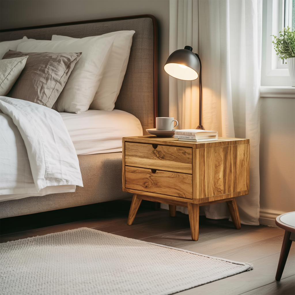 Mid Century Nightstand With Two Drawers For Bedroom