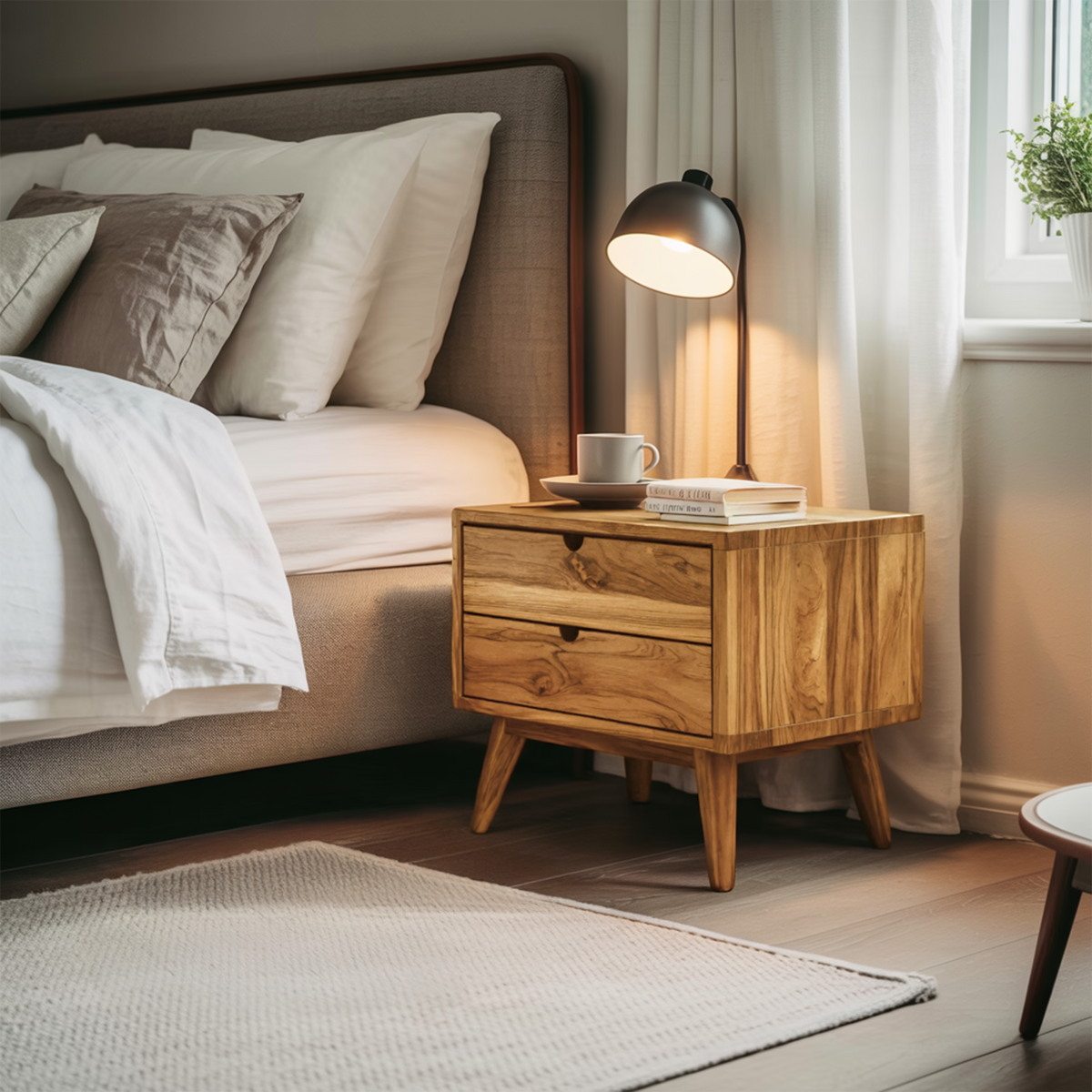 Mid Century Nightstand With Two Drawers For Bedroom