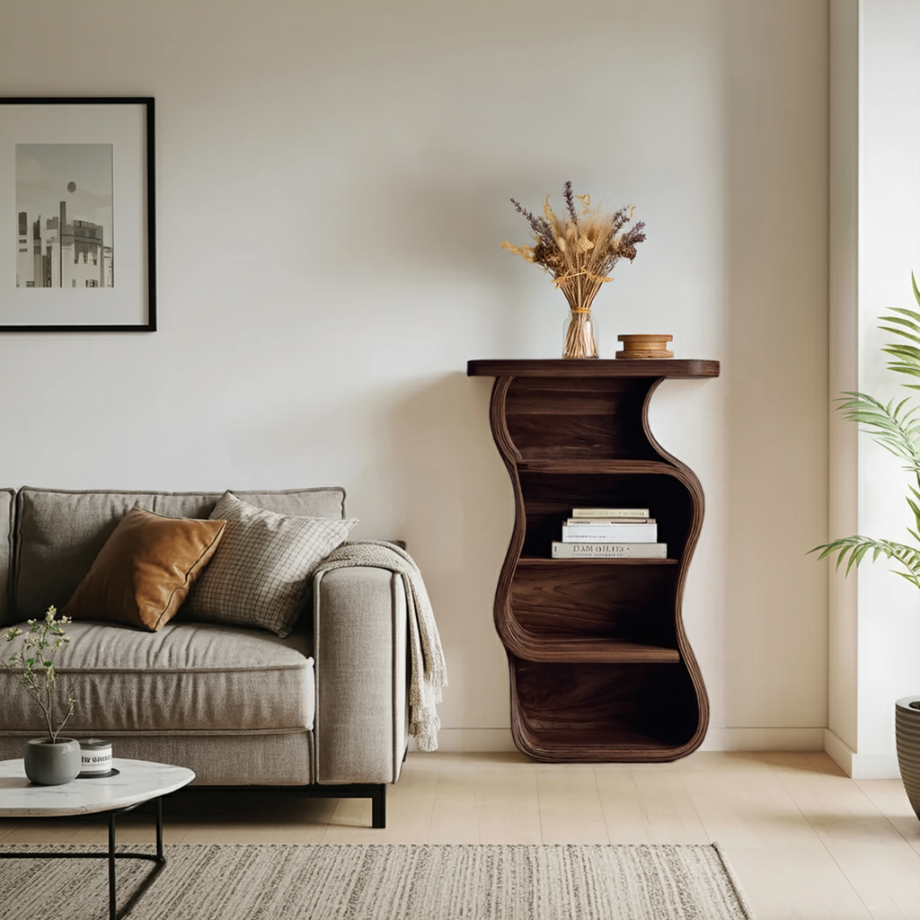 Contemporary Nightstand Sculptural With Open Shelf For Bedroom